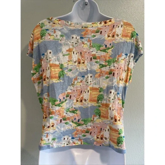 CYNTHIA ROWLEY Greek Island Paining Print 100% Linen Slub Knit Top T-shirt sz S - Picture 4 of 5